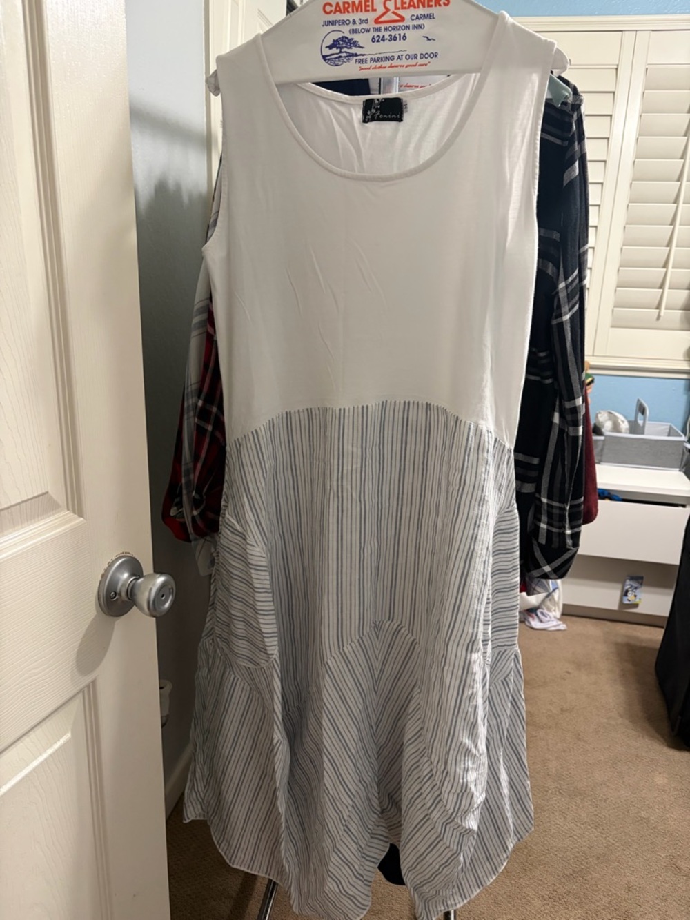 Sleeveless Midi Dress with Striped Skirt - White and Blue